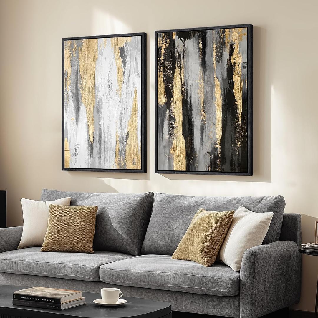Large Framed Black and White Abstract Wall Art for Living Room, Set of 2 Piece Minimalist Canvas Prints Paintings Artwork for Walls, Modern Black Gold Pictures for Hallway Office Wall Decor Big Size 24x36 In, 24" W X 36" H X 2pcs