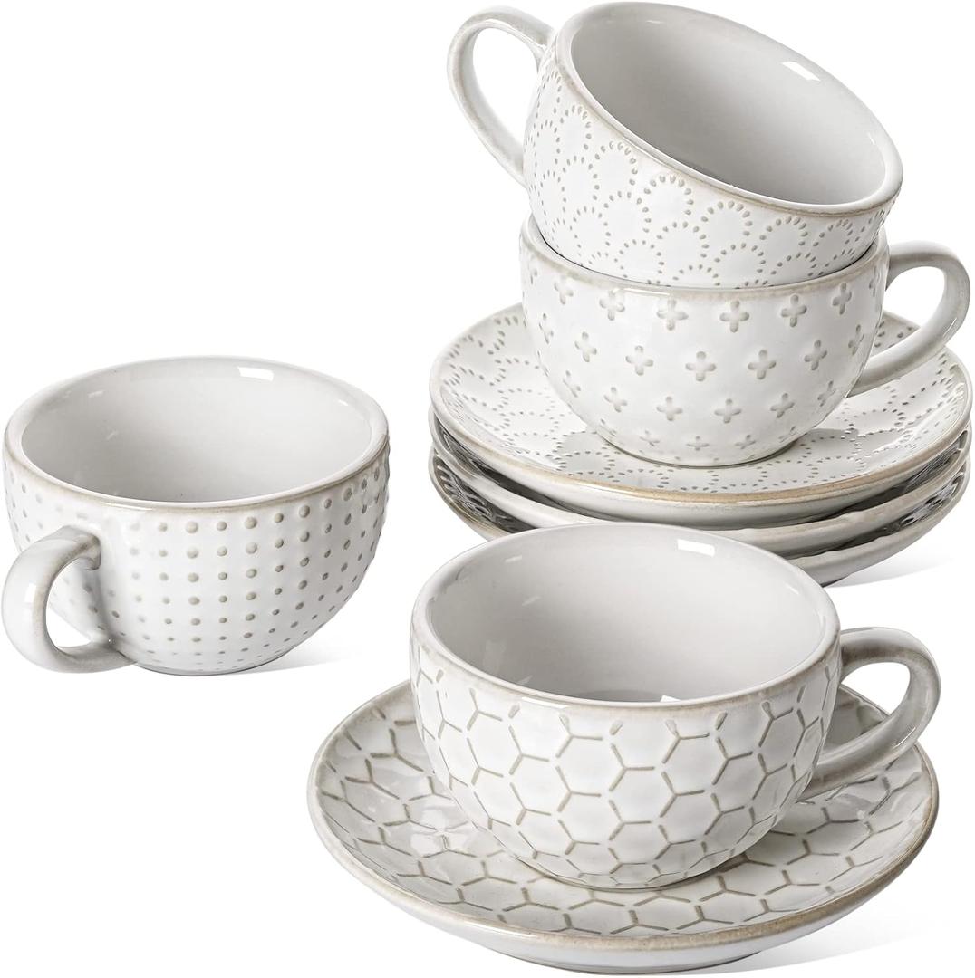 LE TAUCI Cappuccino Cups with Saucers - 6 oz Ceramic Coffee Cup and Saucer Set for Latte, Cafe Au Lait, Flat White, Mocha, Tea, Dishwasher & Microwave Safe, Set of 4, Embossed, White