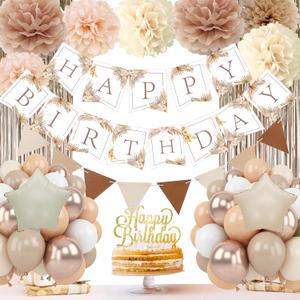 Birthday Decorations for Women - Beige Cream Neutral Balloons, Happy Birthday Decorations for Girls, Boho Party Banner