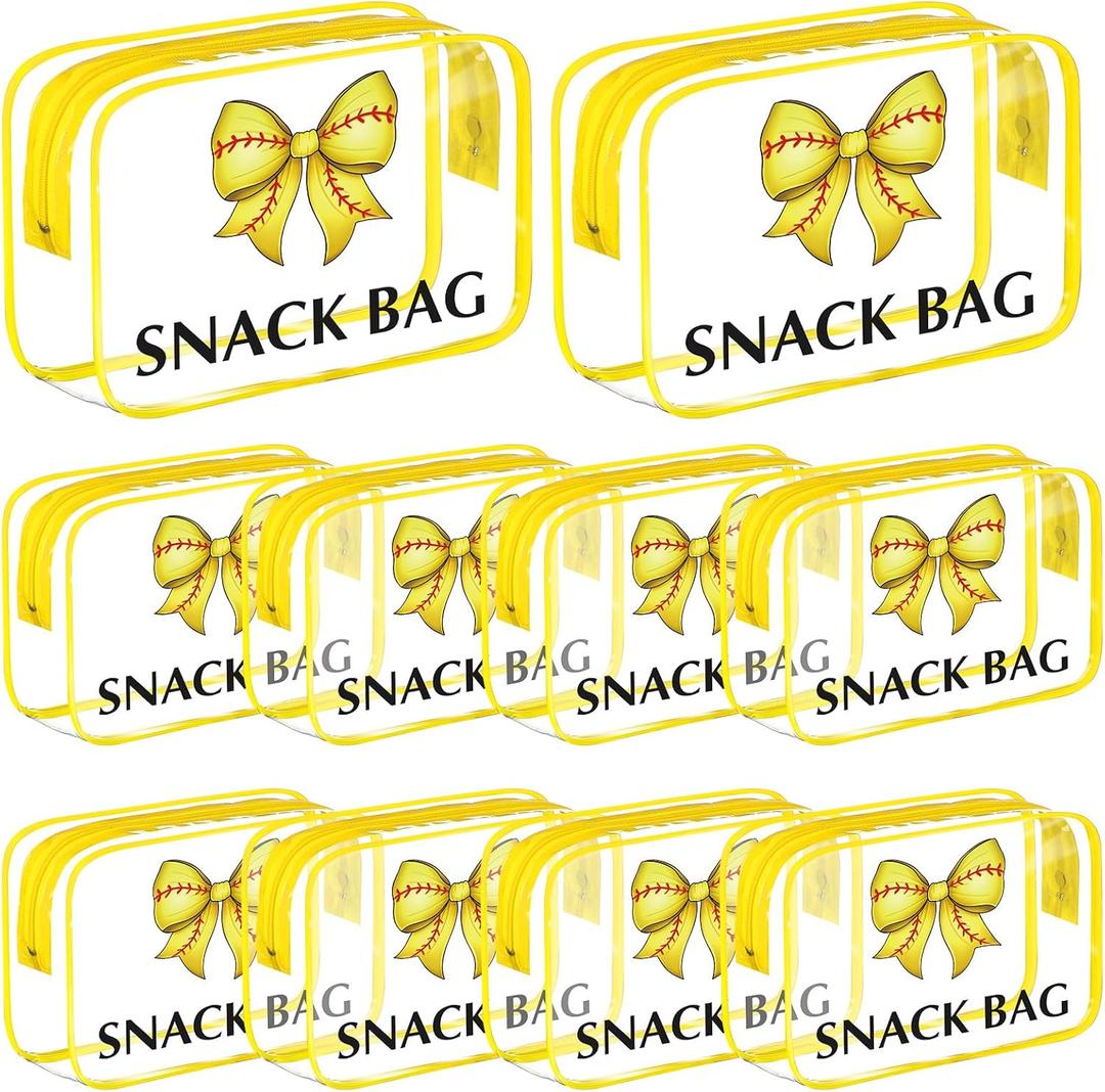 Tallew 12 Pcs Bow Softball Snack Bags for Team Gifts Bow Goodie Treat Clear Candy Pouch Bags PVC Waterproof with Zipper Party Favors for Team Ground Christmas Birthday Gifts Sport Supplies
