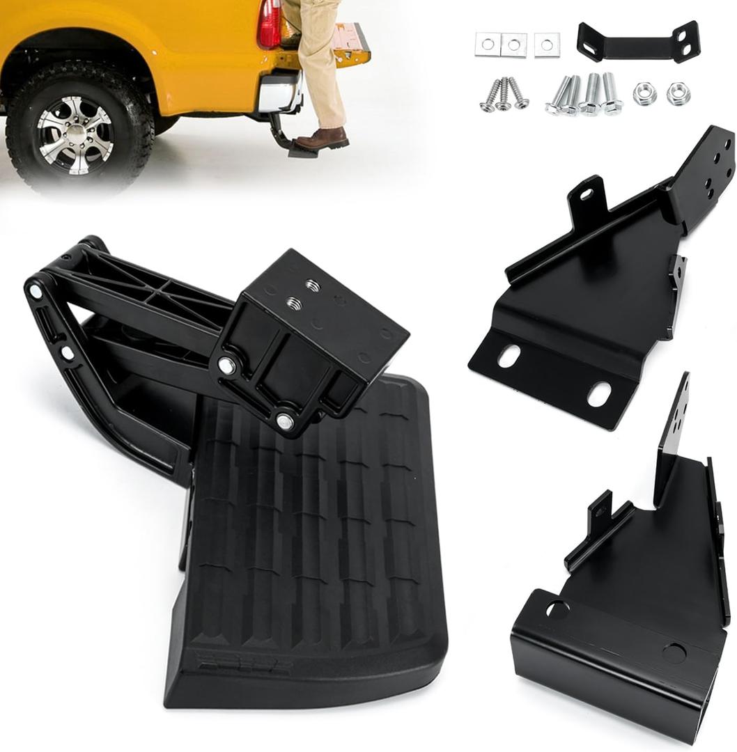 75328-01A Rear Bed Step Retractable Bumper Step Compatible with Ford F150 2021 2022 2023 (Excludes Dual Exhaust) F-150 Lightning 2022 2023 Folding Truck Tailgate Step
