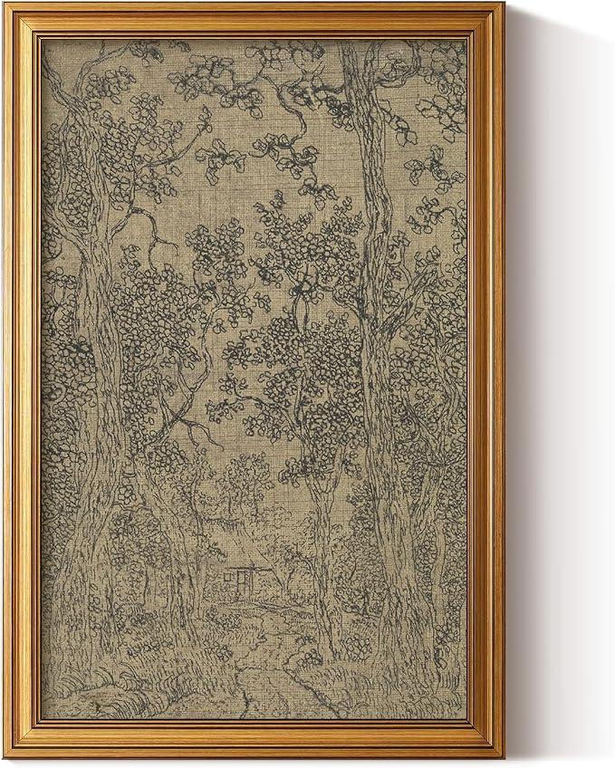HUARCEY Gold Framed Canvas Wall Art, Antique Landscape Sketch, 16x24 Inch