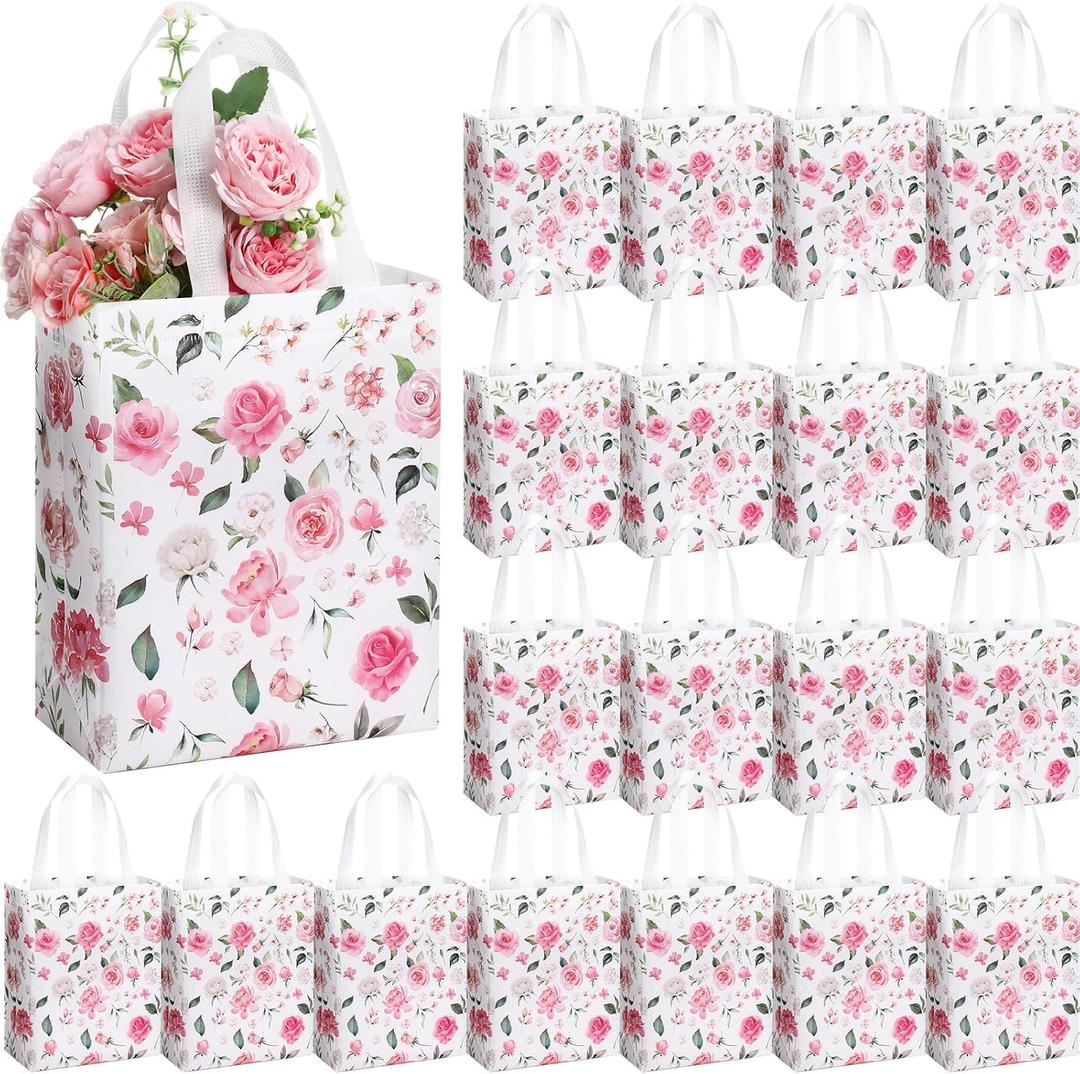 Supervitae 24 Pack Pink Floral Theme Gift Bags Medium Floral Party Favor Bags Flower Reusable Totes Non Woven Goodie Totes for Wedding Birthday Baby Shower Family Holiday Travel(9.8" x 7.9" x 3.9")