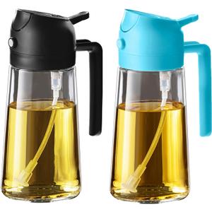 TrendPlain 16oz/470ml Glass Olive Oil Sprayer for Cooking - 2 in 1 Olive Oil Dispenser for Kitchen Gadgets, Air Fryer, Salad, and BBQ - Black & Sky Blue
