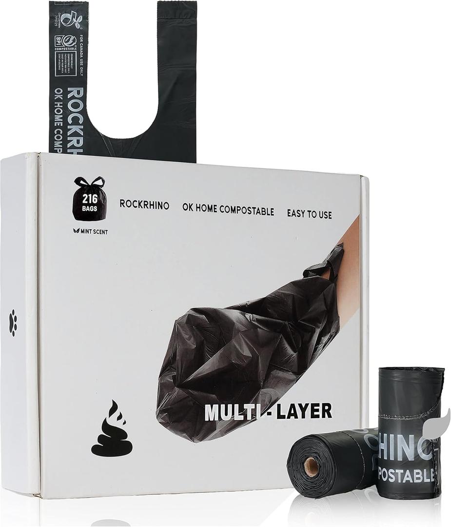 Ultra Thick RockRhino Dog Poop Bags - ECO Heavy Duty, Multi-Layer Bottom, 0% Plastic, 100% Home Compostable, Mint-Scented, Easy Open Tie Handles, Glove-Like Fit - 216 Bags