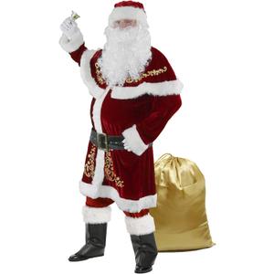 Mens Santa Costume Set Christmas 12pcs Deluxe Velvet Adult Santa Claus Suit (Large)