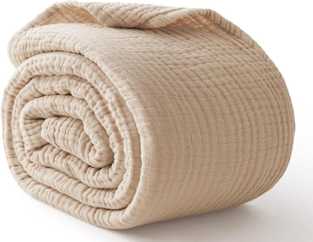 Cooling Throw Blanket Twin XL 66" x 90", 6 Layers Muslin Blankets 100% Cotton, Breathable and Lightweight Twin Blanket for Bed, Soft Bedspread, Gauze Bedding for All Season, Beige Linen