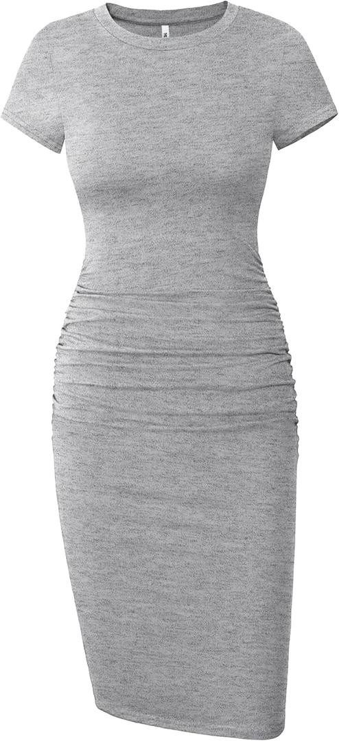 Missufe Women's Short Sleeve Ruched Casual Sundress Midi Bodycon T Shirt Dress (Gray, L)