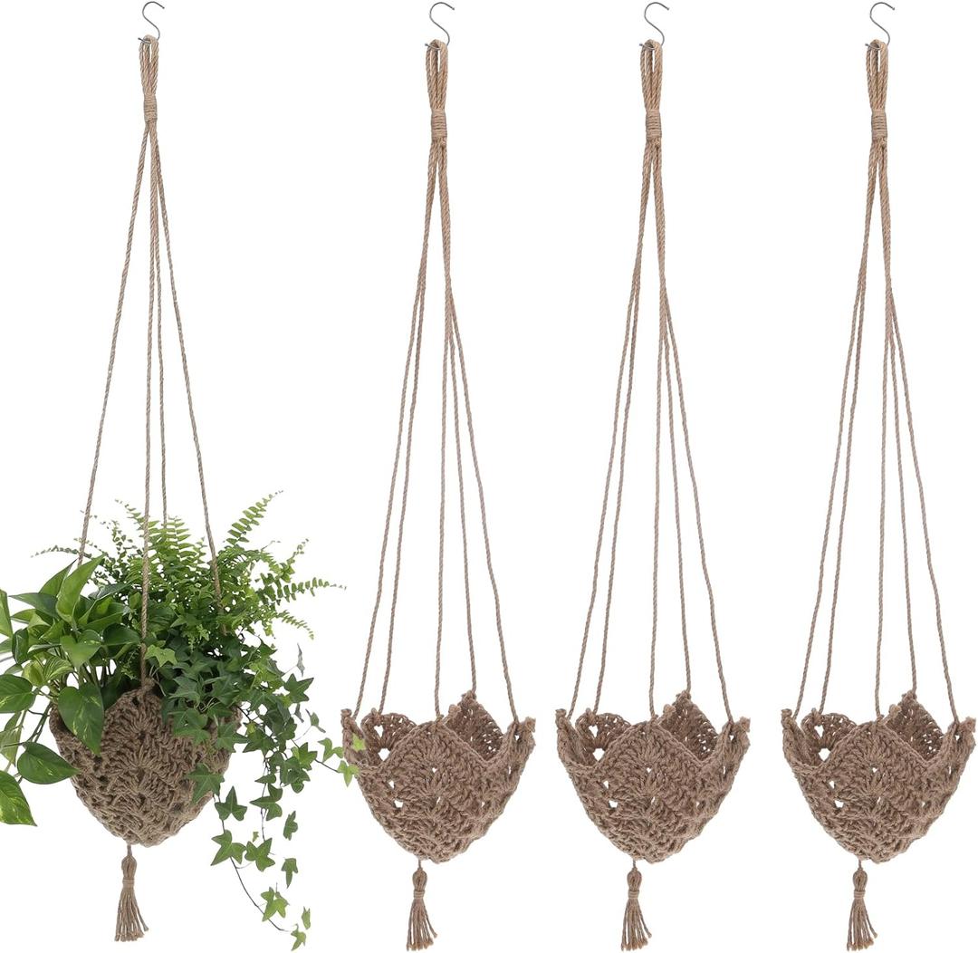 4 Pack Jute Crochet Long Plant Hanger for 3 Inch to 12 Inch Pots, Macrame Plant Hanger Macrame Plant Holder Rope with S Shaped Hooks for Indoor Outdoor Home Decor (Brown)