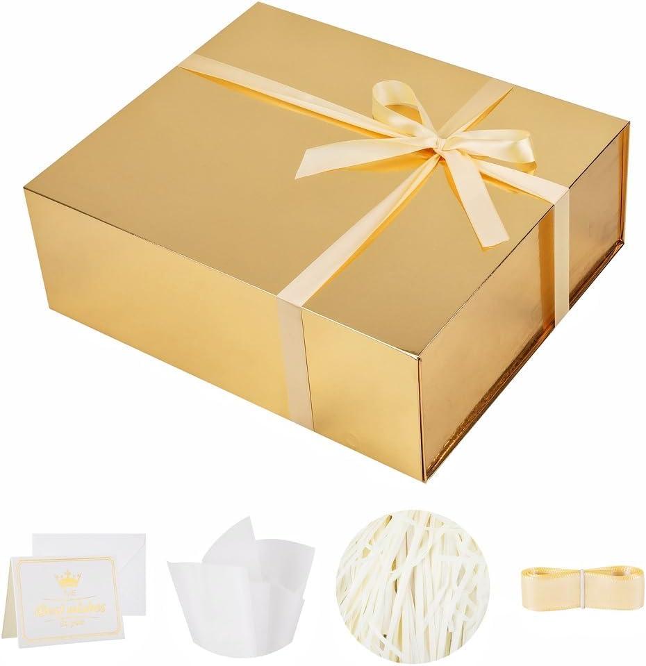 UoeRing 1 Extra Large Gold Gift Box 17x14.5x6 inch Luxury Gift Box for Presents with Magnetic Closure Lid Collapsible,Birthday,Christmas,Contains Card, Ribbon,Tissue Paper,Shredded Paper Filler, 1 count