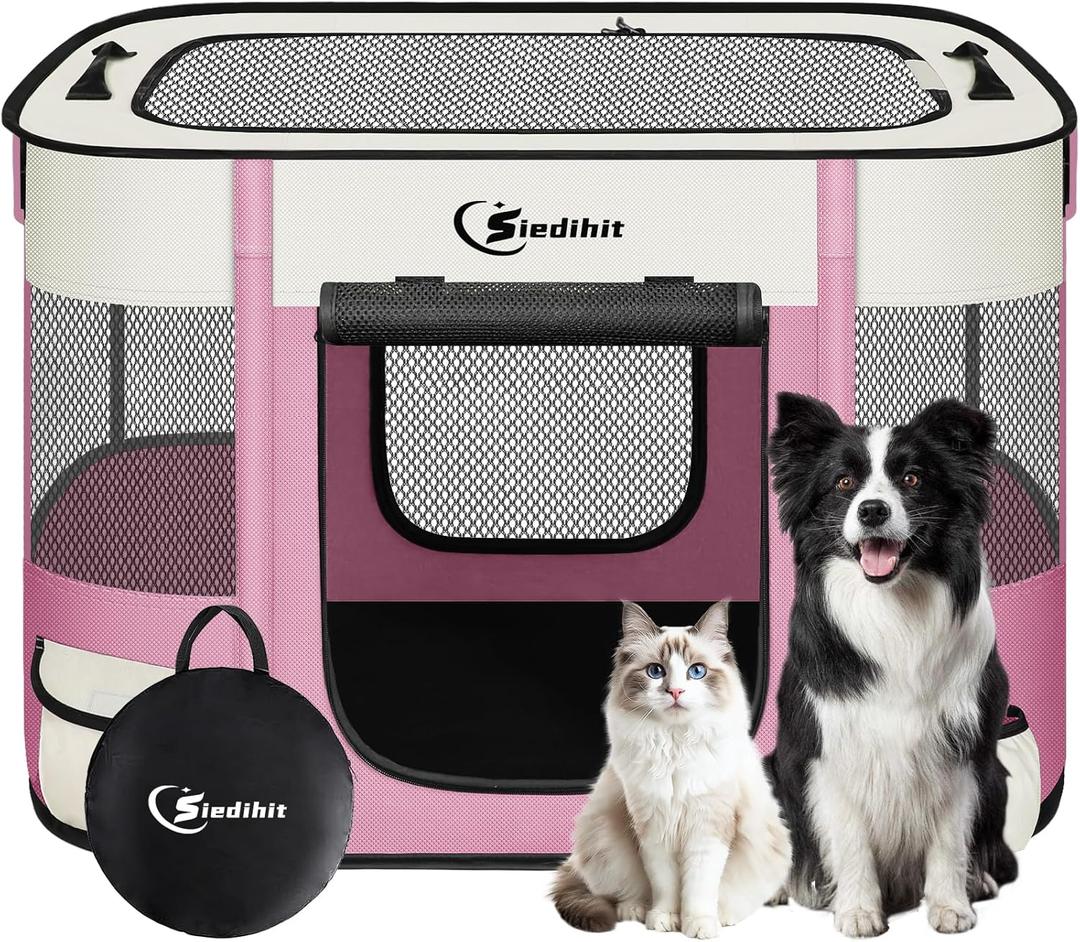 Dog Playpen,Cat Pet Puppy Pen,Portable Playpens for Dogs Indoor Outdoor Travel Camping Use,Foldable Dog Kennel Tent Crate for Rabbit Animals with Carrying Case (Pink, Medium)