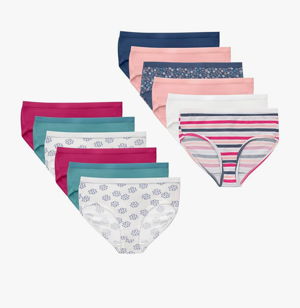Hanes Brief Underwear, Stretch Cotton Panties for Girls, Assorted, 12-Pack, Size 10