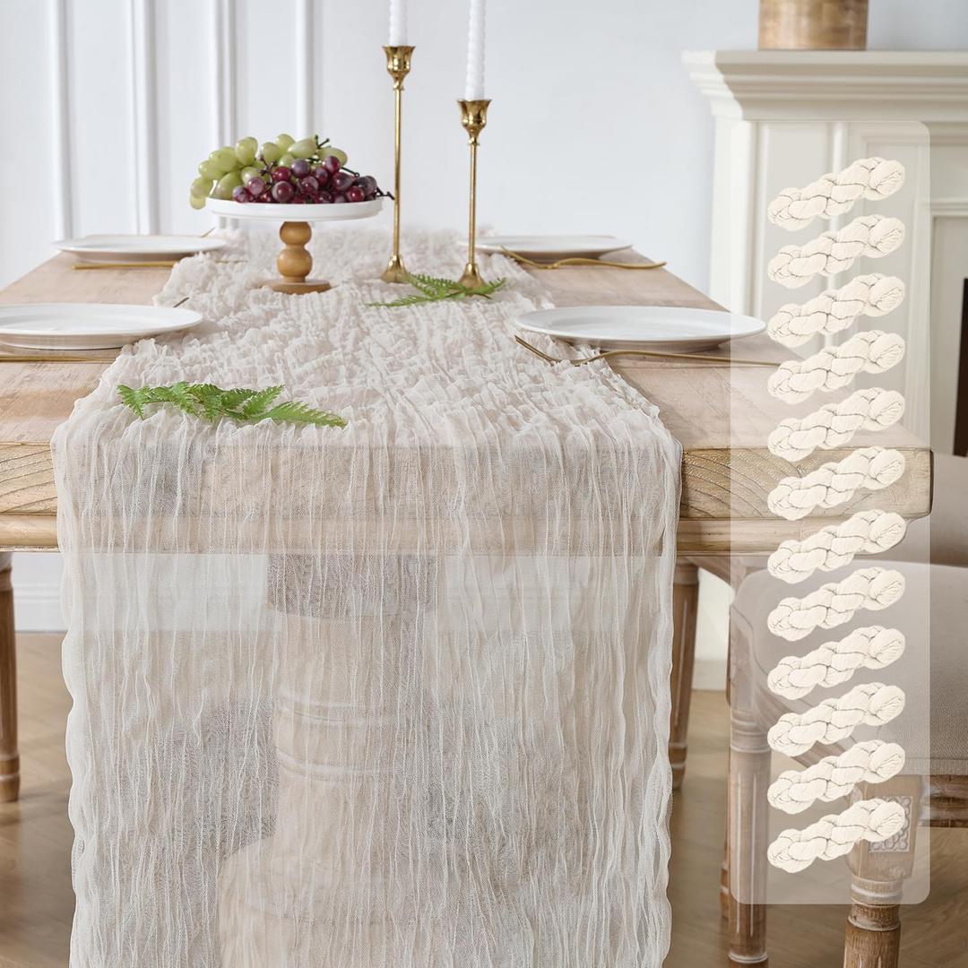 12 Pack Cream White Cheesecloth Table Runners, 120 Inch 10Ft Ivory Gauze Table Runner for Wedding Birthday Party Baby Shower Decorations