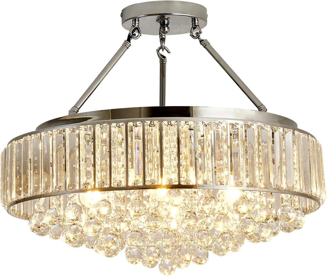YYJLX 6 Light Modern Large Round Crystal Chandelier Chrome Semi Flush Mount Ceiling Light Fixtures E26 Ceiling Lamp for Dining Room Living Room Laundry Room Foyer Kitchen Balcony Bedroom(Silver)