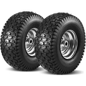 15x6.00-6 Lawn Mower Tire and Wheel Front Tire 2PCS, 3" Centered Hub | Bore ID 3/4" | Natural Rubber 4 Ply with Tube for John Deere Craftsman Husqvarna Riding Mowers Lawn Tractors