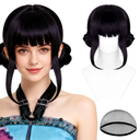 Black Purple Anime Cosplay Wig + Earrings Dark Purple Costume Wigs with Bangs & Twin Braid Buns for Women Halloween Party Daily