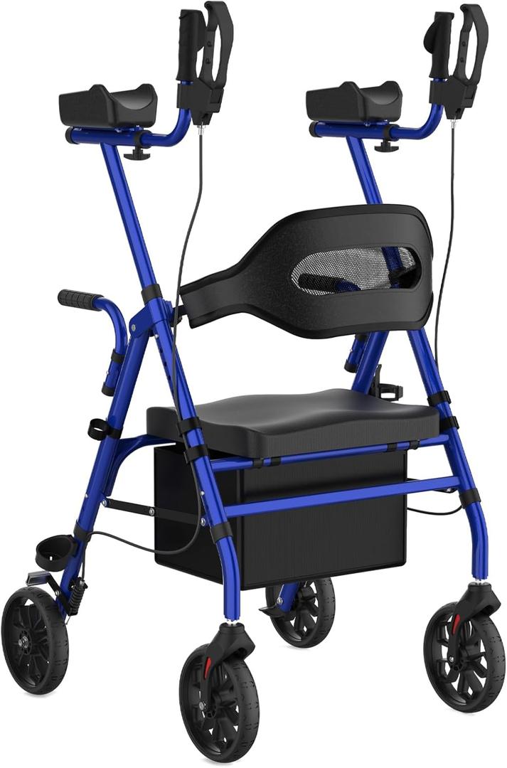 Upright Rollator Walker, Heavy Duty Stand Up Walkers for Seniors with Seat and Reversible Backrest, Foldable Standing Rollator with 8" Anti-Slip PU Wheels, Blue