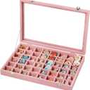 Frebeauty 48 Grid Jewelry Tray,Adjustable Earring Holder Organizer with Glass Lid,Velvet Drawer Jewelry Organizer for Rings,Studs,13.8 x 9.5 x 2 Inches Jewelry Display Box,Gift for Women(Pink)