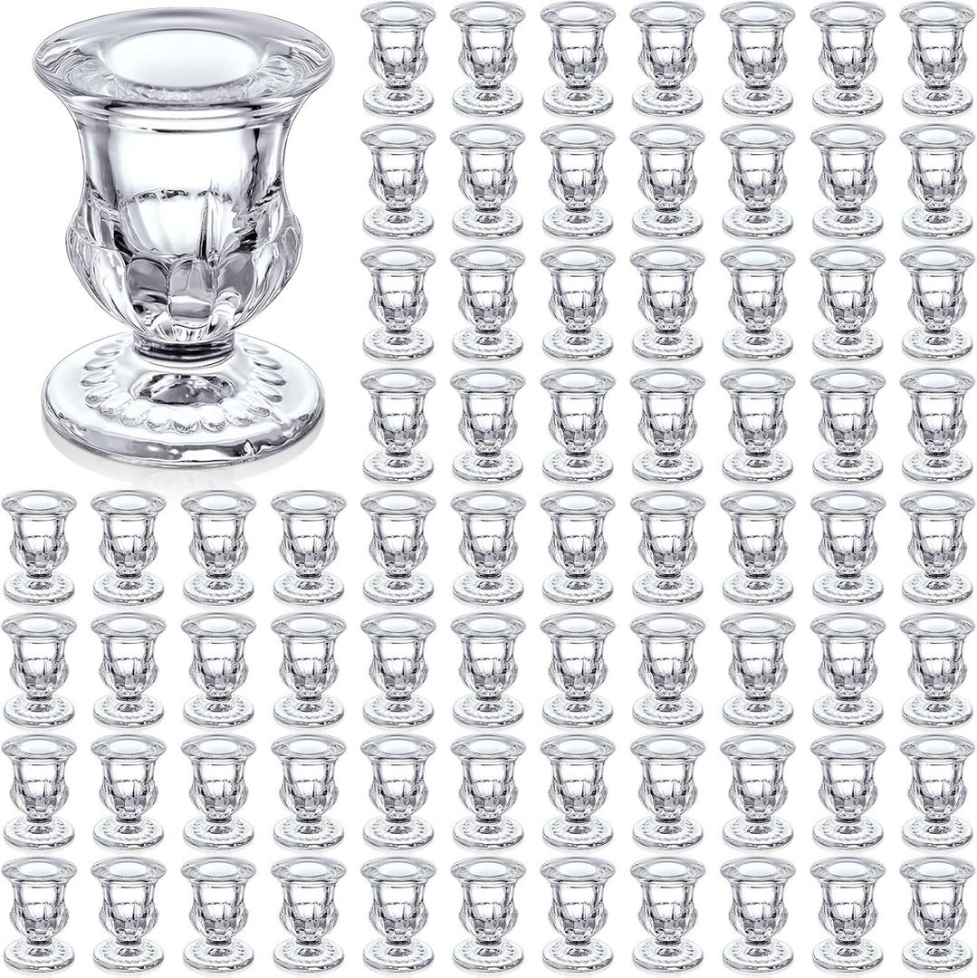 Foaincore 70 Pack Glass Candlestick Holders Bulk 2.5 Inch Taper Candle Holders Small Ritual Candle Stand Table Centerpieces for Wedding Christmas Valentine's Festival Party Dining Decorations (Clear)