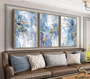 arteWOODS Abstract Framed Wall Art - Blue Gold Splashes Canvas Pictures Wall Decor Modern Dynamic Painting Artwork Prints for Living Room Bedroom Home Decor 36 x 24in * 3 Natural Wood Frame