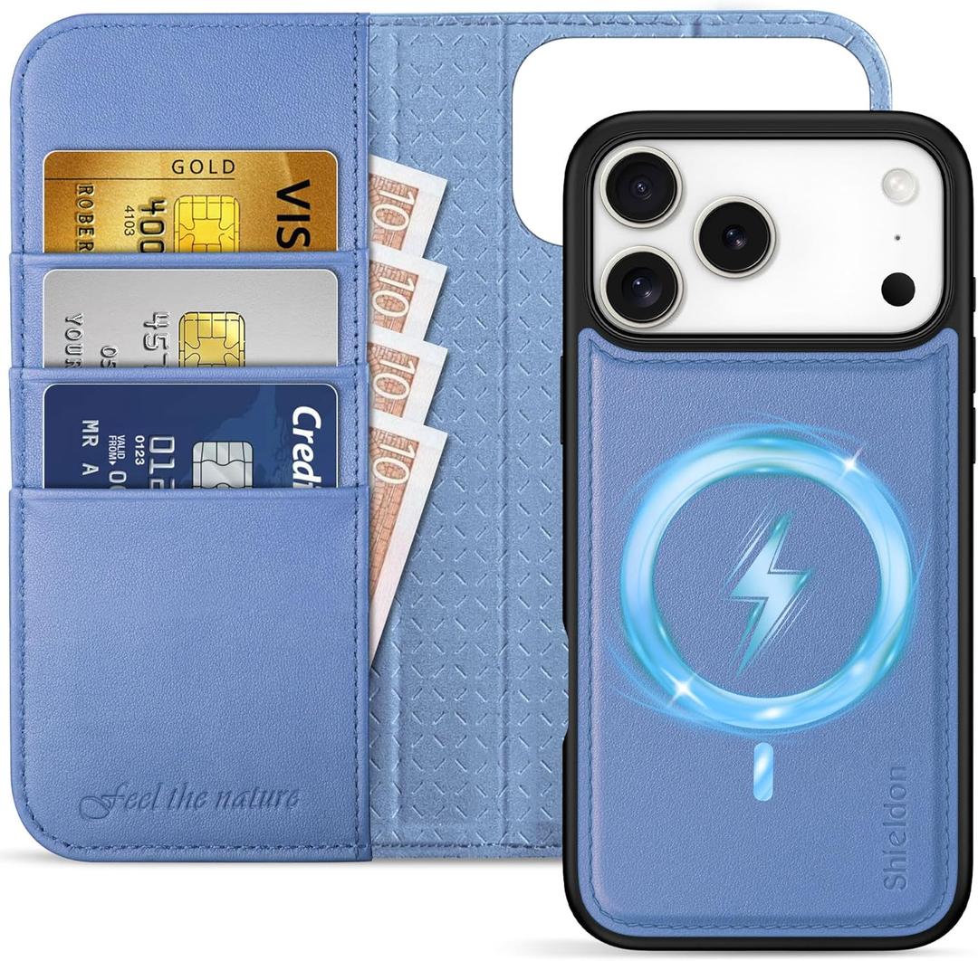 SHIELDON Detachable Case Wallet for iPhone 17 Pro Max 6.9" 2025 | Genuine Leather | Wireless Charging | RFID Blocking Card Holder | Kickstand | Folio | Magnetic Protective Cover | Light Purple