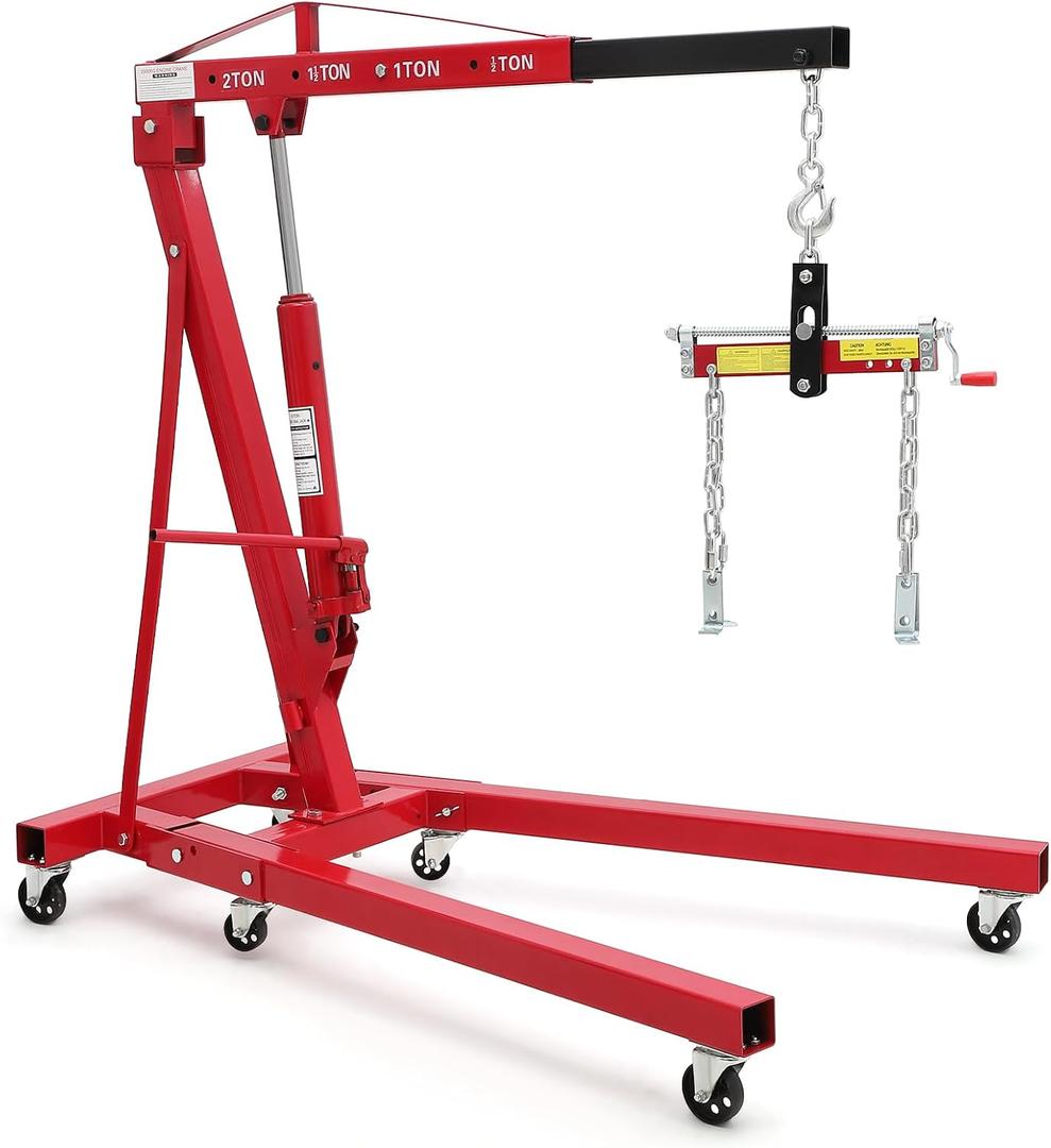 GarveeTech 2 Ton Folding Hydraulic Engine Hoist with Load Leveler 4400 LBS Capacity Heavy Duty Cherry Picker 6 Swivel Wheels&Hydraulic Pump Adjustable Boom (0.5T-2T) for Garage Workshop Warehouse Red