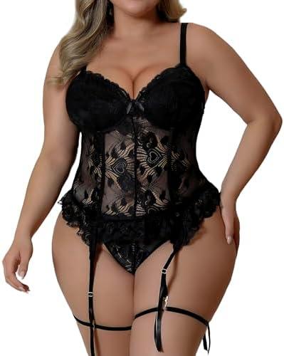 FANCMISTERY Plus Size Lingerie for Curvy Women Lace Corset with Adjustable Straps and Garter Details Sleepwear XXL