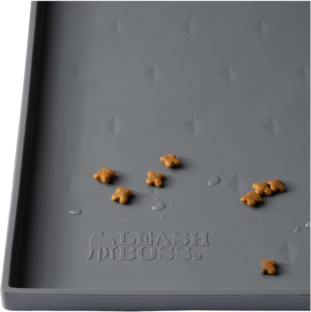 Leash Boss Dog Food Mat for Food and Water Bowls, Waterproof Silicone Pet Feeding Tray with Tall Raised Edges, Cat & Dog Placemat, Grey, 30 x 22 XXL