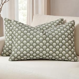 MIULEE Floral Print Decorative Lumbar Pillow Covers 12x20, Sage Green | Vintage Boho Farmhouse Modern Home Decor, Set of 2, Block Print Cushion Covers for Couch Sofa Bed Living Room