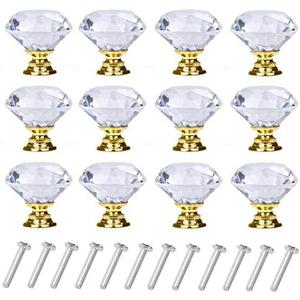 6 Pack Drawer Knobs Diamond Shaped Crystal Glass 30mm Cabinet Knobs Pull Handles (30 mm, 6 Pack, Gold)