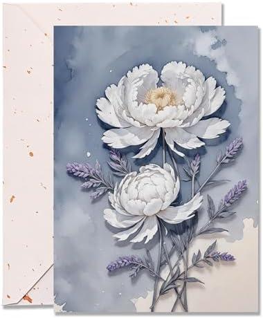 DORADUBO Blank Inside Greeting Card with Envelope for All Occasions, 5x7 Inch Watercolor Peony Greeting Card – Birthday, Sympathy, Thank You - Single Card Pack of 3
