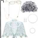 BBTO Old Lady Costume Granny Wig Grandma Shawl Grandma Cane Frame Glasses with Chain Faux Pearl Necklace Bracelet Earrings
