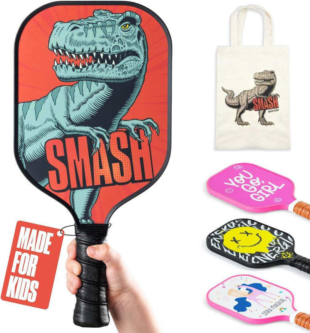 Sportbit Kids Pickleball Paddles Set of 1 or 2 - Child Size Pickleball Paddle for Kids Small and Lightweight - Carbon Fiber Youth Pickleball Paddle Set with Bag for Children Under 12. (1-pack Dino)