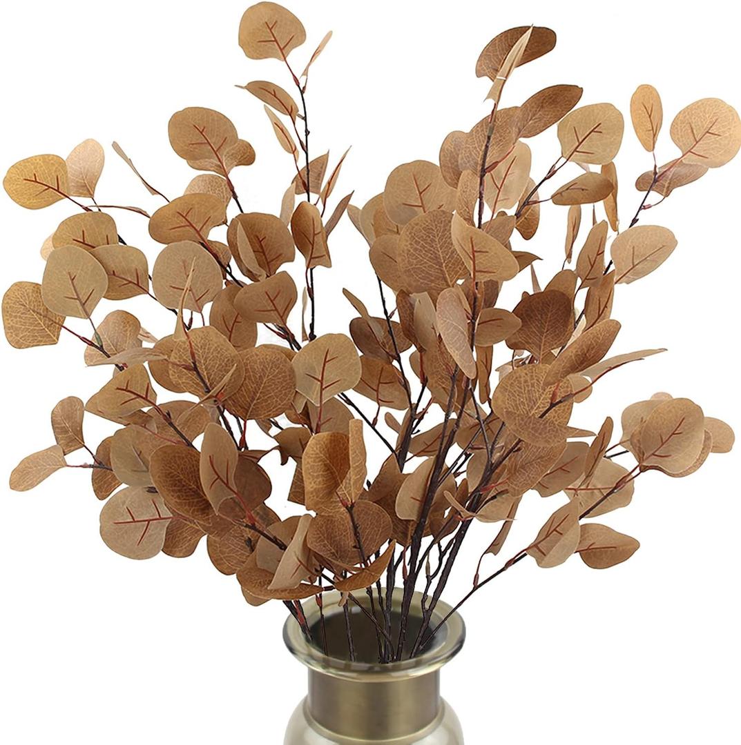 Rinlong 6Pcs Artificial Eucalyptus Stems 35 Inch Fake Fall Foliage Leaves Eucalyptus Branches Autumn Leaves Faux Fall Floral Stems Greenery Artificial Fall Flowers for Decoration Mordern Fall Decor (Brown)