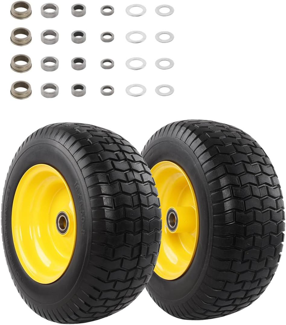 16x6.50-8 Flat Free Tire and Wheel Assembly, 3/4-Inch Bearing with Extra 1-Inch Bearings, 3-Inch Offset Hub, Includes Bushings & Washers, for Riding Lawn Mower Garden Tractor 2 Pack