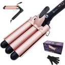 3 Barrel Curling Iron, 1 Inch Ceramic Tourmaline Hair Waver Wand with LCD Temperature Display, Fast Heating Foldable Crimpers for Travel Glove Included (Gold)