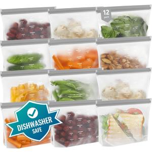 Dishwasher Safe Reusable Storage Bags Stand Up - BPA Free Reusable Sandwich Bags - Leakproof Gallon Freezer Bags, Silicone Food Storage Bags - Grey 12 Sandwich Bags