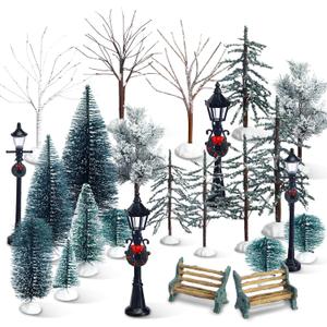 Zonon 55 Pcs Christmas Village Sets Mini Artificial Christmas Tree Sets Snowy Pine Trees Figurine Bare Branch Trees First Frost Trees Xmas Street Lamp Post Miniature Park Bench Seat for Holiday Decor