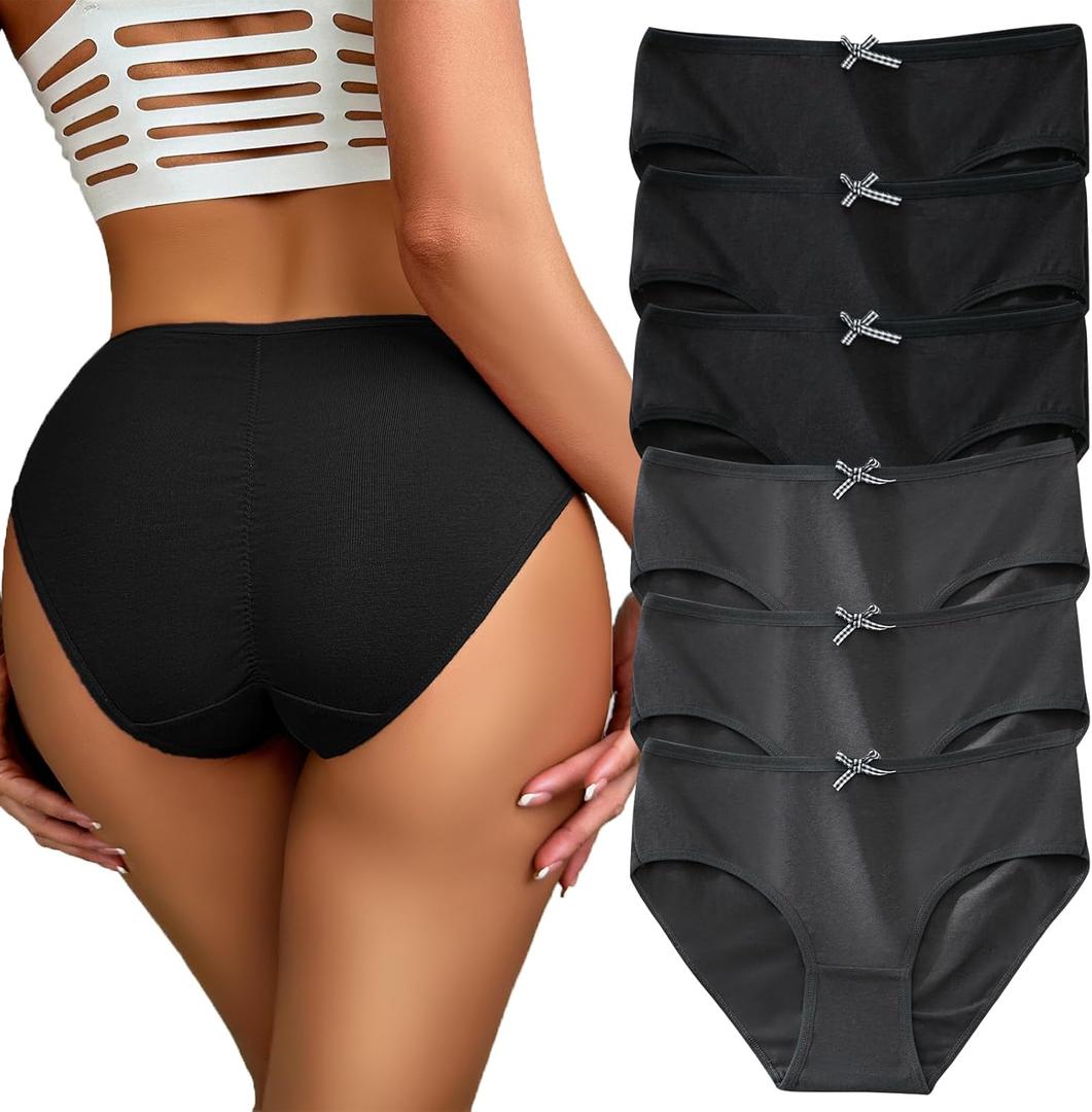 Women's Cotton Underwear Full Coverage Soft Stretchy Scrunch Briefs Comfortable Cute Bikini Panties for Ladies 6pack (Large, 6pcs-black/Grey)