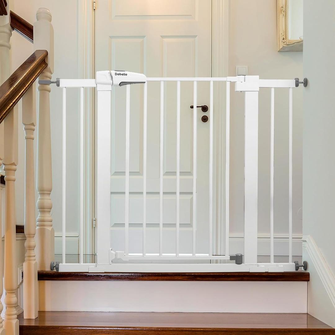 Babelio Metal Baby Gate, 29-43" Auto Close Easy Install Pet Gate PressGuard P7, Extra Wide Walk Thru Child Safety Gate, 30" Tall Pressure Mounted Dog Gate for Doorways & Stairs, White