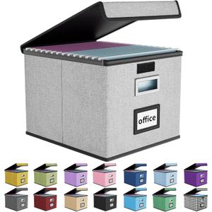 Huolewa Upgraded Portable File Organizer Box with Lid, Collapsible Linen Hanging Filing Storage Boxes with Plastic Slides, Decorative Home/Office Filing System Box for File and Folders Storage (Gray) (Grey)