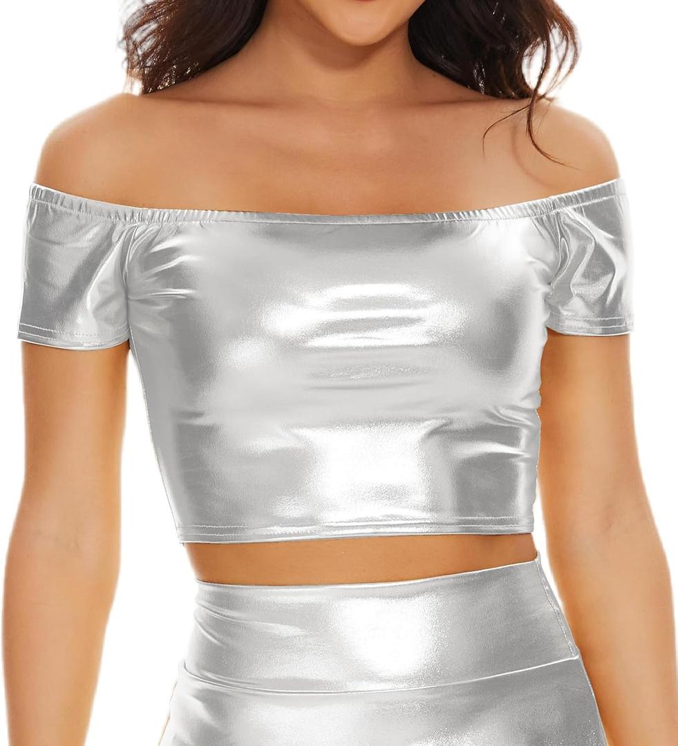 Women's Shiny Metallic Crop Tops Off Shoulder Tube Bra for Raves, Festivals, Costumes (S)