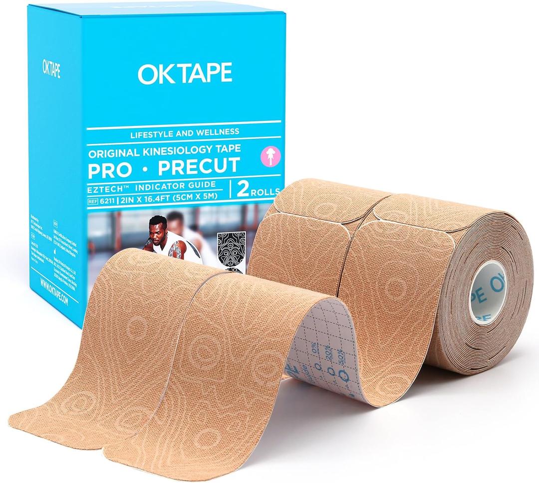 OK TAPE PRO Original Kinesiology Tape Pre-Cut Strips, Latex Free Elastic Athletic Tape Roll, 2in16ft 2Rolls,Beige+Beige