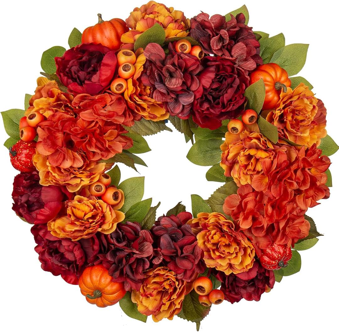 24" Artificial Fall Floral Wreath for Front Door Autumn Wreath with Pumpkin Peony Hydrangea for Halloween Thanksgiving Day Indoor Outdoor Farmhouse Window Wall Dcor