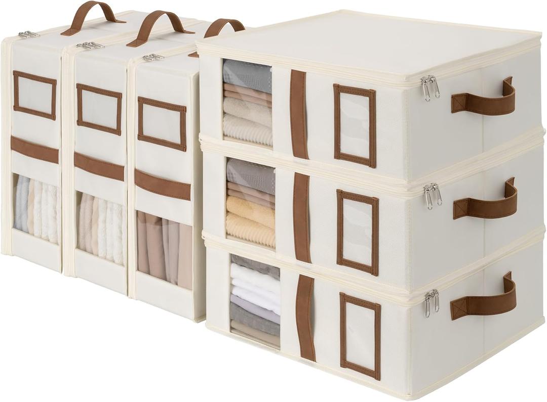 StorageWorks 6-Pack Bed Sheet Organizers and Storage, Foldable Bedsheet Holder for Linen Closet, Bedding Container with Handle, Beige, 15" D x 12"W x 5"H (17L)