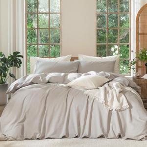 MooMee Bedding Duvet Cover Set 100% Washed Cotton Linen Like Textured Breathable Durable Soft Comfy (Heathered Cream Grey, Cal King (104"x98")