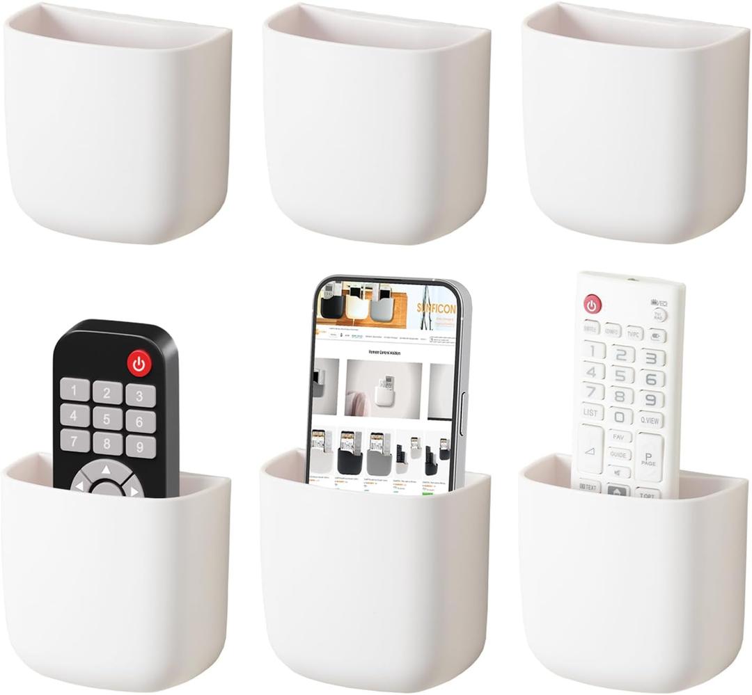 SUNFICON Wall Mount Remote Holder TV FAN Remote Control Holder Bedside Caddy Wall Organizer Phone Holder for Office Adhesive Media Player Controller Holder Box Tray Home Desk Nightstand White 6PACK