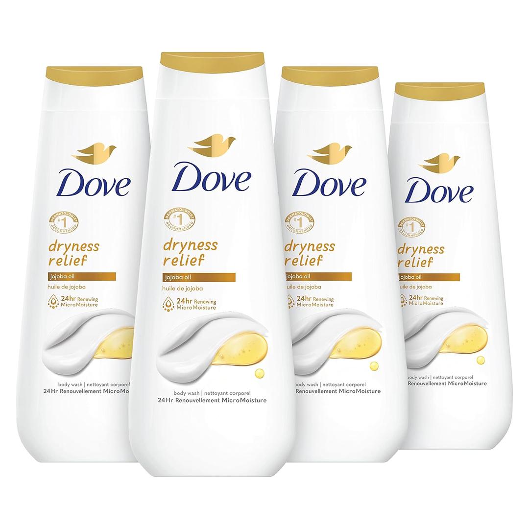 Dove Body Wash Dryness Relief Jojoba Oil 4 Count for Renewed, Healthy-Looking Skin Gentle Skin Cleanser with 24hr Renewing MicroMoisture 20 oz