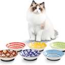 Fairy Tales Colorful Ceramic Cat Bowls Set of 6 - Feeding Dishes With Non-Slip Mat - 5.75" Shallow Wide Food Plate, Whisker Friendly - Microwave Dishwasher Safe - 8.5 oz