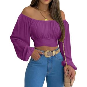 MIRACMODA Woman Off Shoulder Ruched Tie Back Crop Top Summer Lantern Sleeve Boho Shirt Blouse (Large, Purple) MIRACMODA Woman Off Shoulder Ruched Tie Back Crop Top Summer Lantern Sleeve Boho Shirt Blouse (Large, Purple)